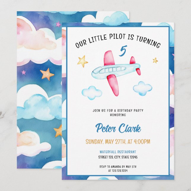 Watercolor Blue Sky Cute Aeroplane 5th Birthday Invitation (Front/Back)