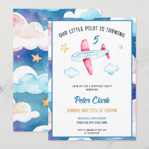 Watercolor Blue Sky Cute Aeroplane 5th Birthday Invitation
