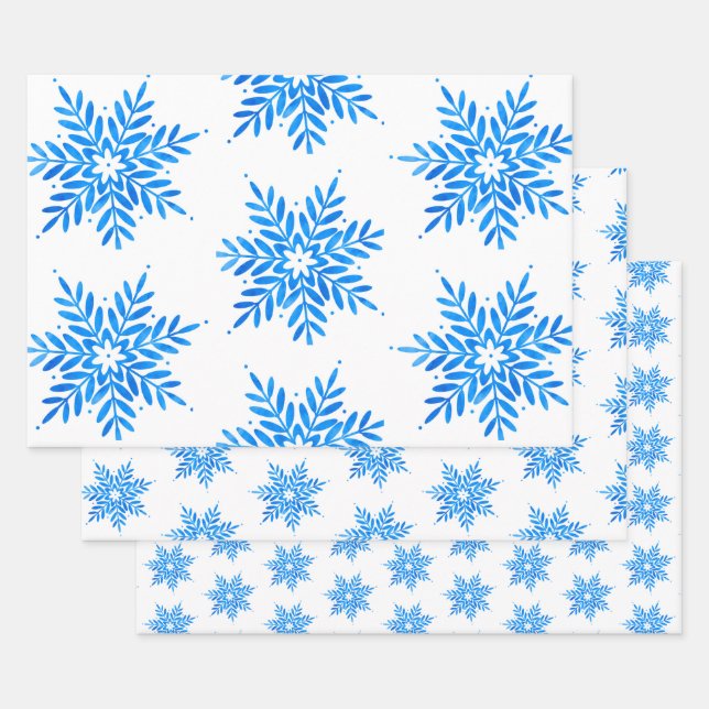  Watercolor Blue Snowflake Pattern   Wrapping Paper Sheet (Set)