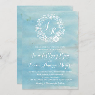 Watercolor Blue Snowflakes Wreath Wedding I Invitation