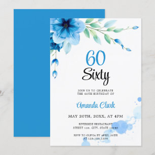 Watercolor Blue Soft Bubbles Floral 60th Birthday Invitation
