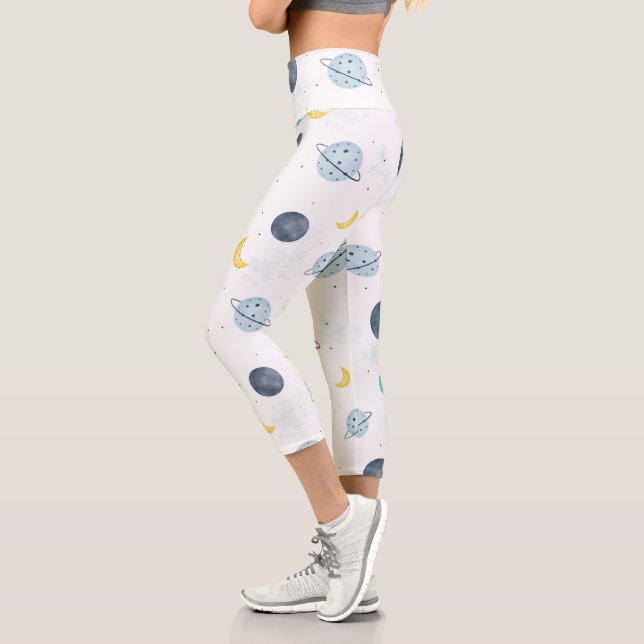 Watercolor Blue Space Planet Pattern Capri Leggings (Left)