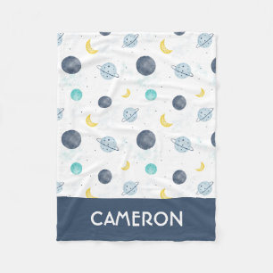 Watercolor Blue Space Planet Pattern Fleece Blanket