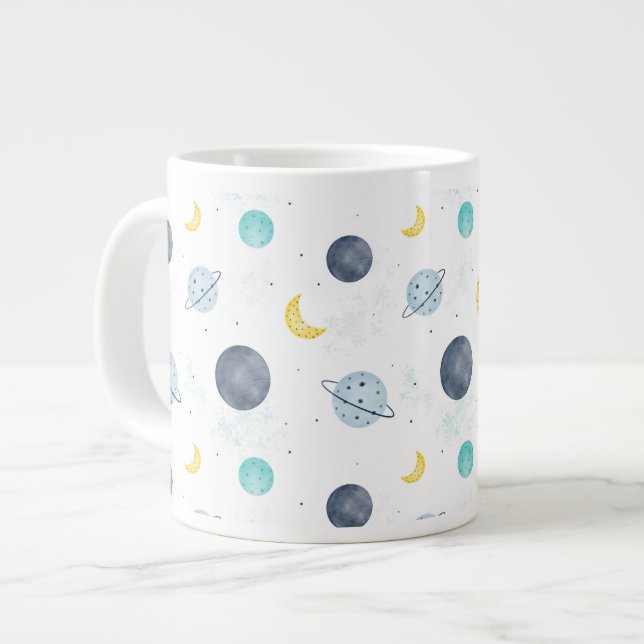 Watercolor Blue Space Planet Pattern Large Coffee Mug (Front Left)
