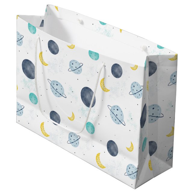 Watercolor Blue Space Planet Pattern Large Gift Bag (Front Angled)