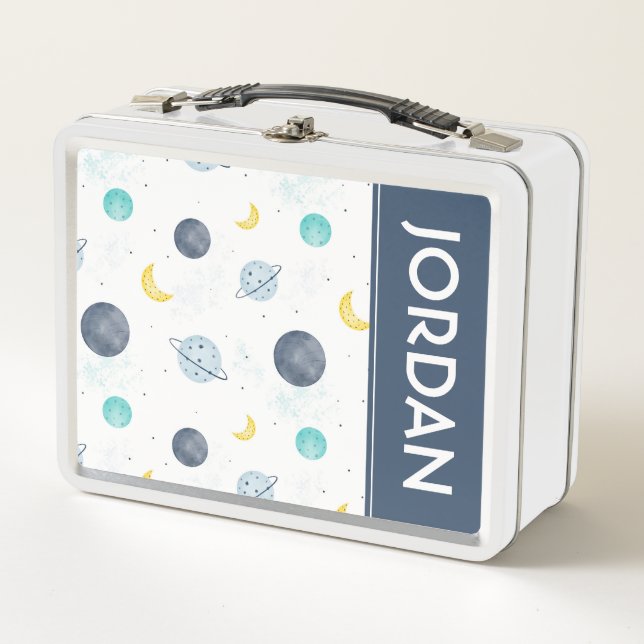 Watercolor Blue Space Planet Pattern Metal Lunch Box (Front)