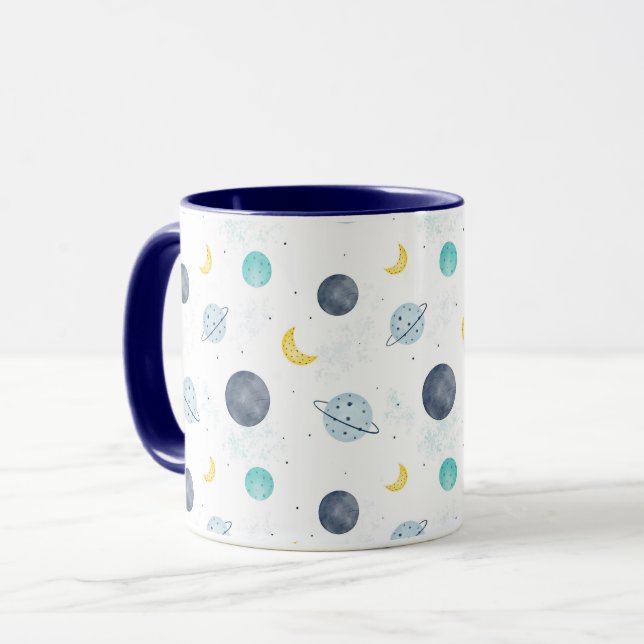 Watercolor Blue Space Planet Pattern Mug (Front Left)