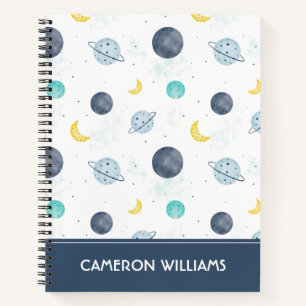 Watercolor Blue Space Planet Pattern Notebook