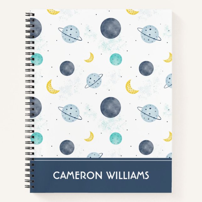Watercolor Blue Space Planet Pattern Notebook (Front)