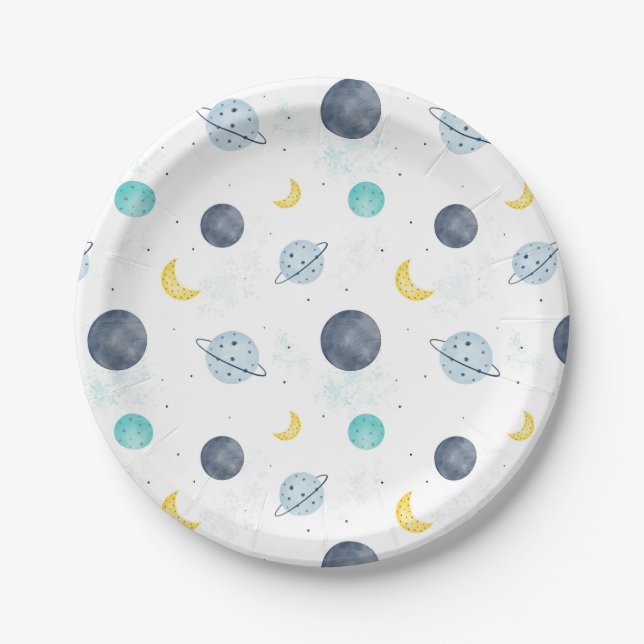 Watercolor Blue Space Planet Pattern Paper Plate (Front)