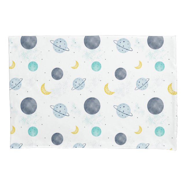 Watercolor Blue Space Planet Pattern Pillowcase (Front)