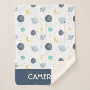 Watercolor Blue Space Planet Pattern Sherpa Blanket