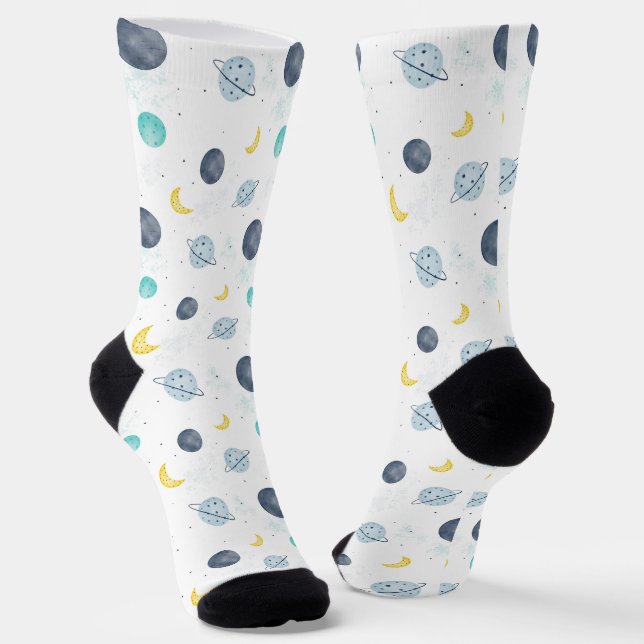 Watercolor Blue Space Planet Pattern Socks (Angled)