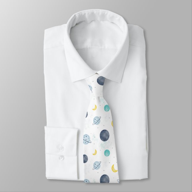 Watercolor Blue Space Planet Pattern Tie (Tied)