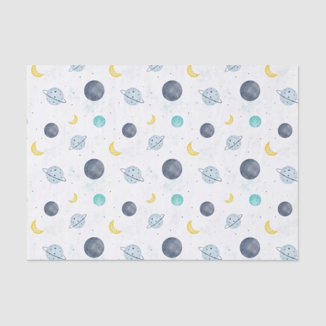 Watercolor Blue Space Planet Pattern Tissue Paper (Front)