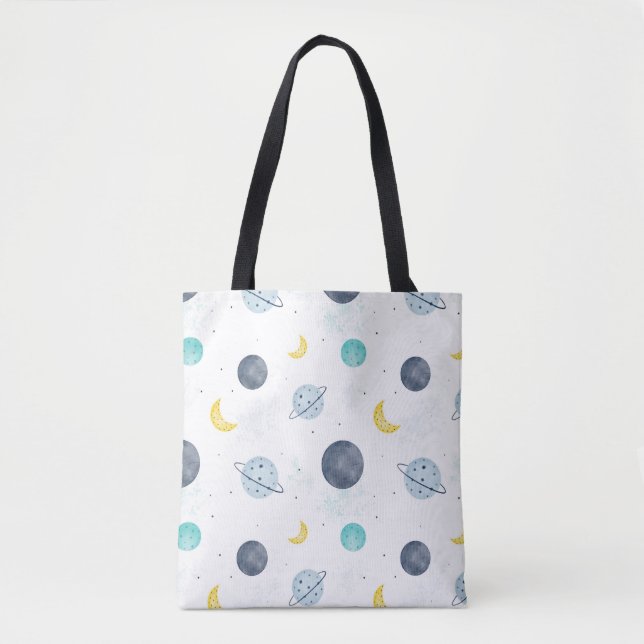 Watercolor Blue Space Planet Pattern Tote Bag (Front)