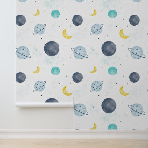 Watercolor Blue Space Planet Pattern Wallpaper