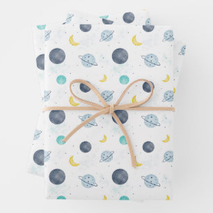 Watercolor Blue Space Planet Pattern Wrapping Paper Sheet