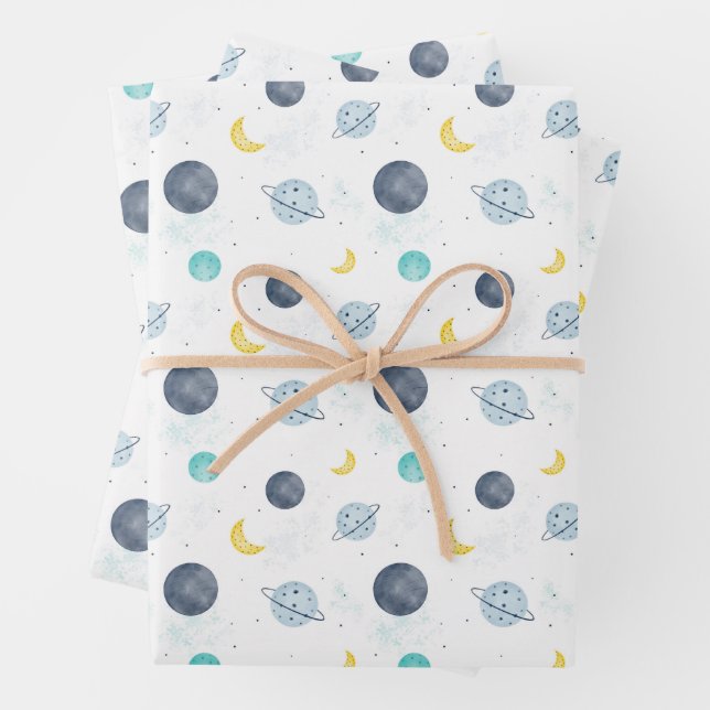 Watercolor Blue Space Planet Pattern Wrapping Paper Sheet (In situ)