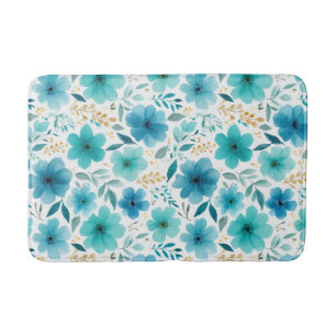 Watercolor Blue Spring Flowers Elegant Botanical Bath Mat