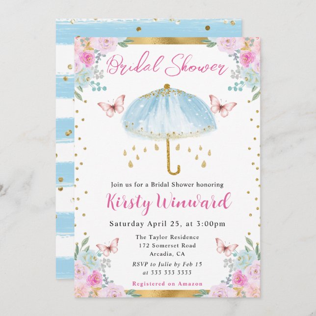 Watercolor Blue Spring Umbrella Bridal Shower Invitation (Front/Back)