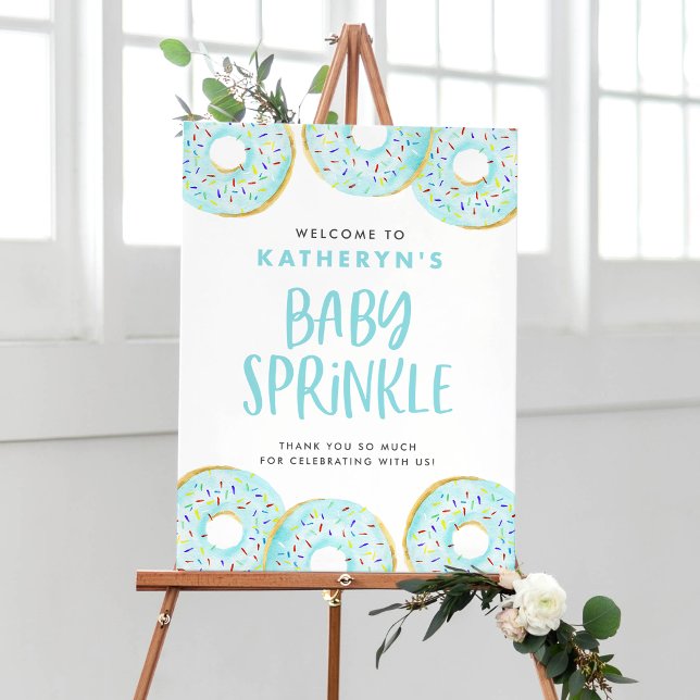 Watercolor Blue Sprinkle Doughnuts Baby Sprinkle Poster (Watercolor Blue Donuts Baby Sprinkle Welcome Sign – Customizable Baby Shower Decor)