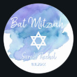 Watercolor Blue Star of David Bat Bar Mitzvah Classic Round Sticker<br><div class="desc">Add these gorgeous small round envelope sticker seals Jewish Bat or Bar Mitzvah to your invitations, envelopes, thank you cards or any other item such as thank you gifts or favours. For boy or girl. Modern Trendy white script calligraphy letters design. Watercolor background in blue, teal, turquoise, violet hues ....</div>