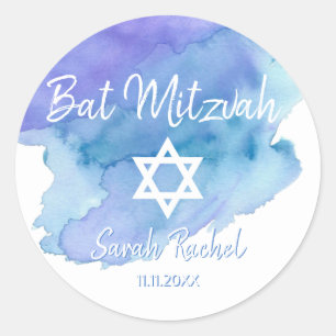 Watercolor Blue Star of David Bat Bar Mitzvah Classic Round Sticker