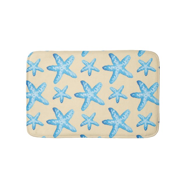 Watercolor Blue Starfish Pattern Bath Mat (Front)