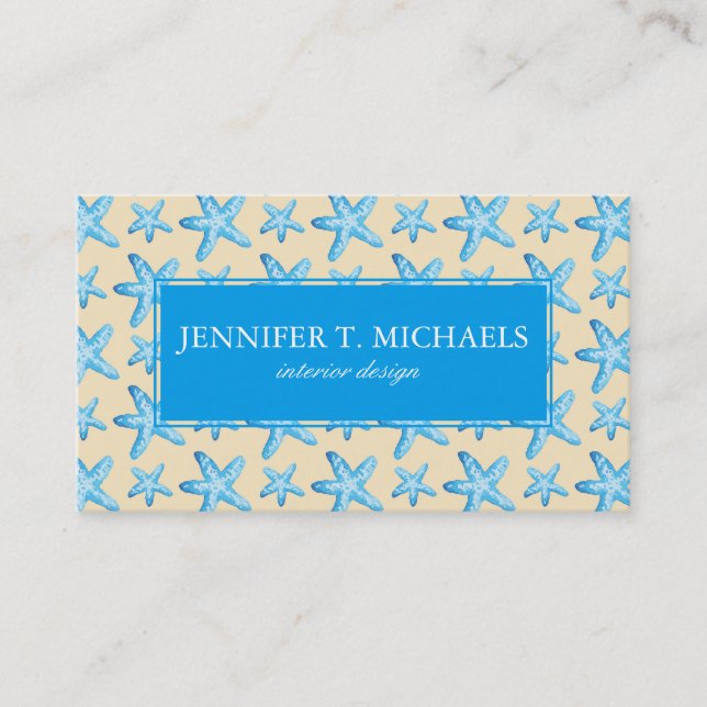 Watercolor Blue Starfish Pattern Business Card (Front)