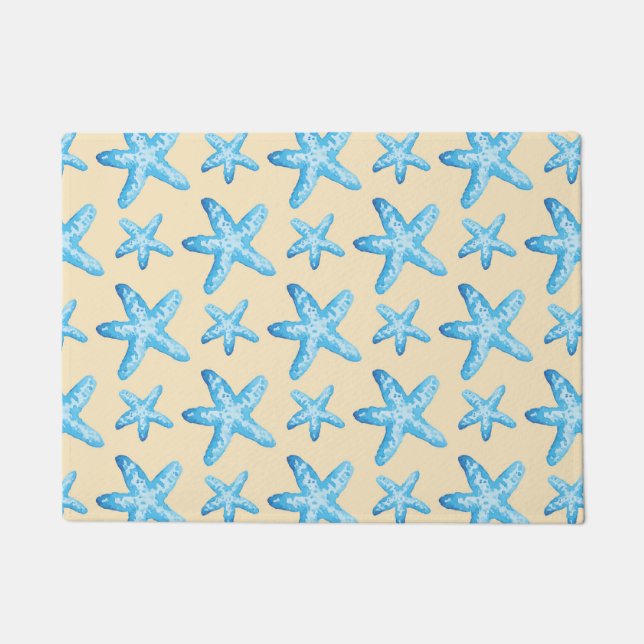 Watercolor Blue Starfish Pattern Doormat (Front)