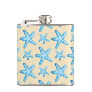 Watercolor Blue Starfish Pattern Hip Flask