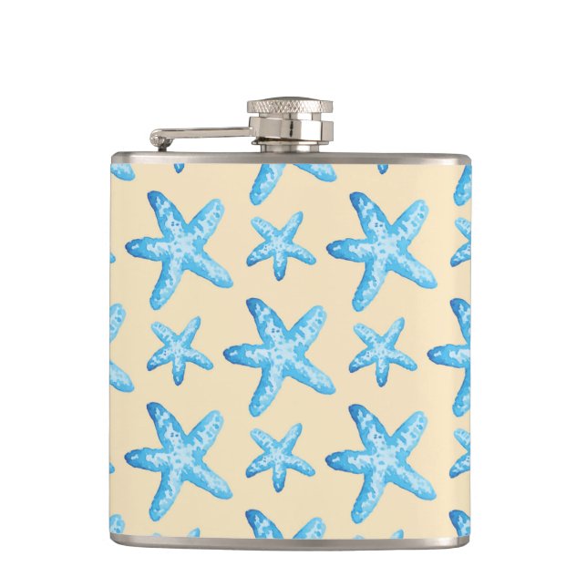 Watercolor Blue Starfish Pattern Hip Flask (Front)