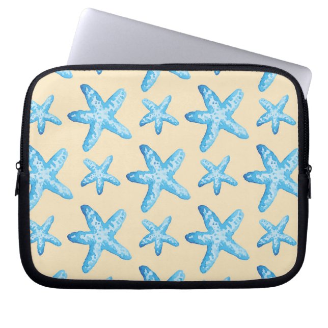 Watercolor Blue Starfish Pattern Laptop Sleeve (Front)