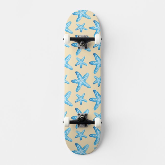 Watercolor Blue Starfish Pattern Skateboard (Front)