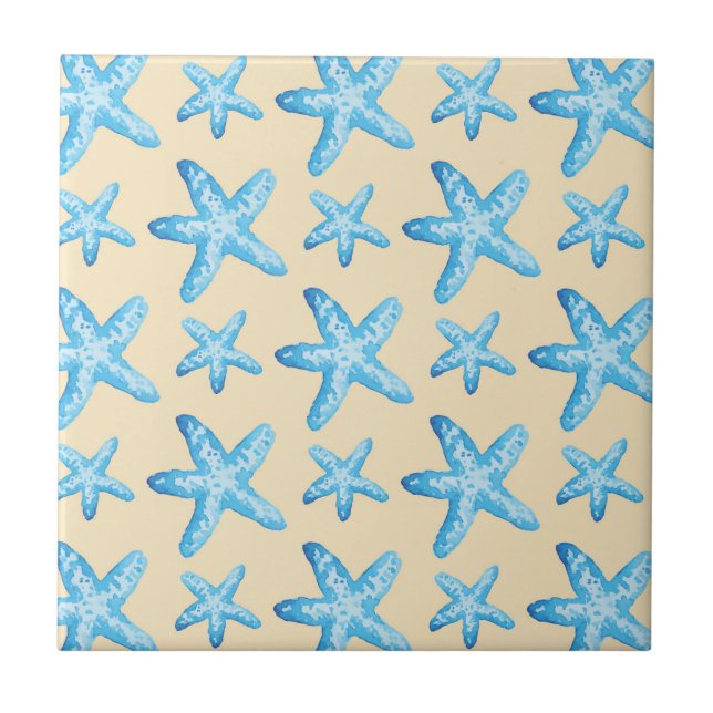 Watercolor Blue Starfish Pattern Tile (Front)