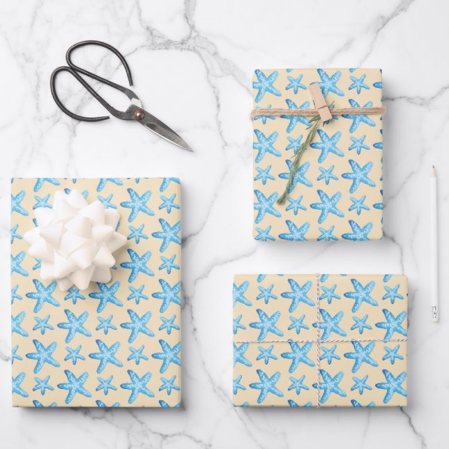 Watercolor Blue Starfish Pattern Wrapping Paper Sheet (Front)