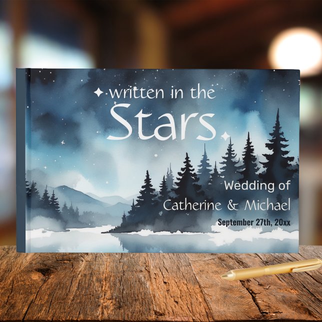 Watercolor Blue Starry Night Sky Celestial Wedding Guest Book (Creator Uploaded)
