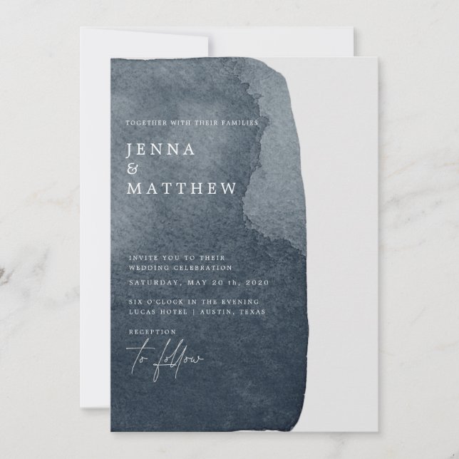 watercolor blue steel wash modern wedding invitation (Front)