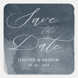 watercolor blue steel wash save the date square sticker