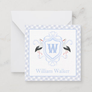 Watercolor Blue Stork Gingham Monogram Crest Card