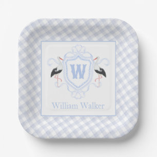 Watercolor Blue Stork Gingham Monogram Crest Paper Plate