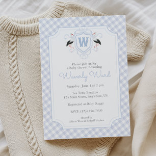 Watercolor Blue Stork Monogram Crest Baby Shower Invitation