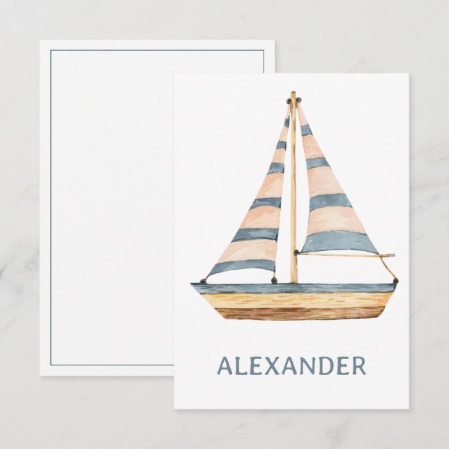 Watercolor Blue Stripe Sailboat Card (Front/Back)