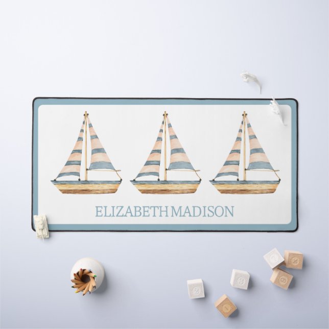Watercolor Blue Stripe Sailboat Desk Mat (Kids Table)