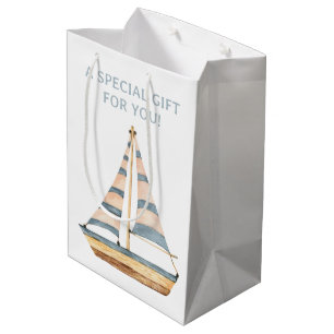 Watercolor Blue Stripe Sailboat Medium Gift Bag