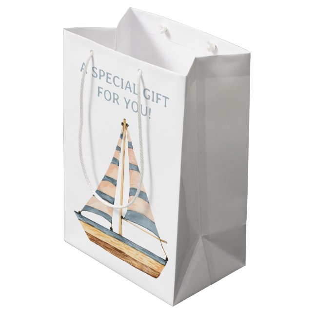 Watercolor Blue Stripe Sailboat Medium Gift Bag (Back Angled)