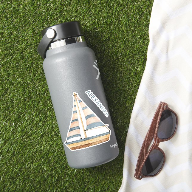 Watercolor Blue Stripe Sailboat Personalised (HydroFlask Insitu)