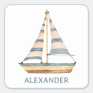 Watercolor Blue Stripe Sailboat Square Sticker