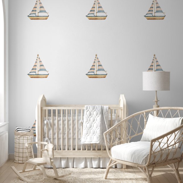 Watercolor Blue Stripe Sailboat Wallpaper (Kids)